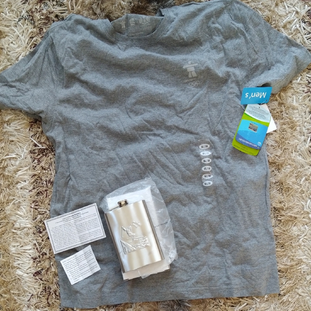 NWT 2010 Vancouver Olympics Hudson Bay Co. Gray T-Shirt w/Stainless Steel Flask